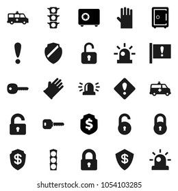 Flat vector icon set - rubber glove vector, dollar shield, safe, attention, traffic light, amkbulance car, lock, unlock, key, sign, siren