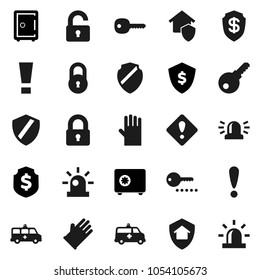 Flat vector icon set - rubber glove vector, dollar shield, safe, attention, amkbulance car, lock, key, sign, siren, unlock, home protect, password