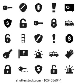 Flat vector icon set - rubber glove vector, dollar shield, safe, attention, traffic light, amkbulance car, lock, unlock, key, sign, siren, password