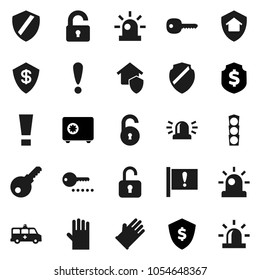 Flat vector icon set - rubber glove vector, dollar shield, safe, attention, traffic light, amkbulance car, unlock, key, sign, siren, home protect, password