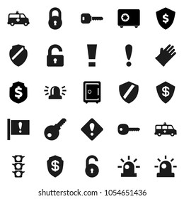 Flat vector icon set - rubber glove vector, dollar shield, safe, attention, traffic light, ambulance car, lock, unlock, key, sign, siren, password
