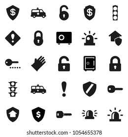 Flat vector icon set - rubber glove vector, dollar shield, safe, attention, traffic light, ambulance car, lock, unlock, key, sign, siren, home protect, password