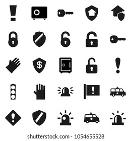 Flat vector icon set - rubber glove vector, safe, attention, traffic light, amkbulance car, shield, lock, unlock, key, sign, siren, home protect, dollar