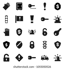Flat vector icon set - rubber glove vector, dollar shield, safe, attention, traffic light, amkbulance car, lock, unlock, key, sign, siren, password