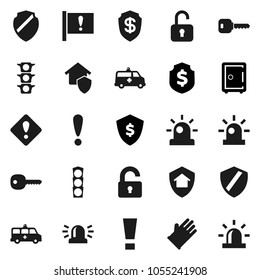 Flat vector icon set - rubber glove vector, dollar shield, safe, attention, traffic light, amkbulance car, key, sign, siren, unlock, home protect