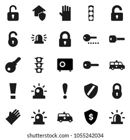 Flat vector icon set - rubber glove vector, dollar shield, safe, attention, traffic light, amkbulance car, lock, unlock, key, sign, siren, home protect, password