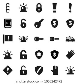 Flat vector icon set - rubber glove vector, dollar shield, safe, attention, traffic light, amkbulance car, lock, unlock, key, sign, siren, home protect, password