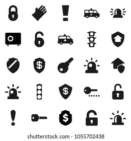 Flat vector icon set - rubber glove vector, dollar shield, safe, attention, traffic light, amkbulance car, lock, unlock, key, sign, siren, home protect, password