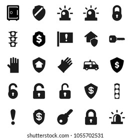 Flat vector icon set - rubber glove vector, dollar shield, safe, attention, traffic light, amkbulance car, lock, unlock, key, siren, home protect, password