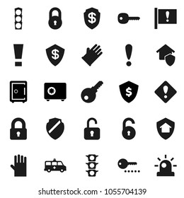 Flat vector icon set - rubber glove vector, dollar shield, safe, attention, traffic light, amkbulance car, lock, unlock, key, sign, home protect, password, siren