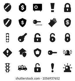Flat vector icon set - rubber glove vector, dollar shield, safe, attention, traffic light, amkbulance car, lock, unlock, key, sign, siren, home protect, password
