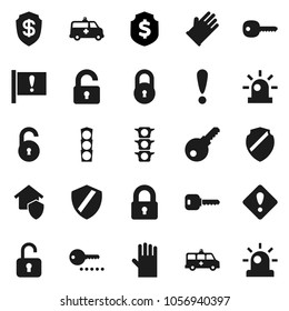 Flat vector icon set - rubber glove vector, dollar shield, attention, traffic light, amkbulance car, lock, unlock, key, sign, siren, home protect, password