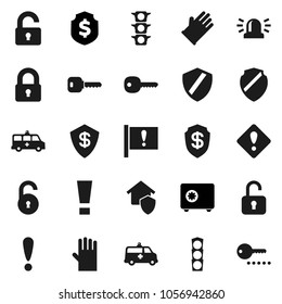Flat vector icon set - rubber glove vector, dollar shield, safe, attention, traffic light, amkbulance car, unlock, key, sign, siren, lock, home protect, password