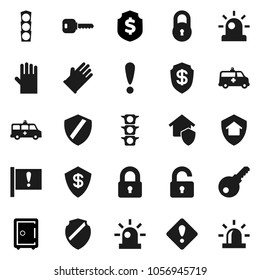 Flat vector icon set - rubber glove vector, dollar shield, safe, attention, traffic light, amkbulance car, lock, key, sign, siren, unlock, home protect, password