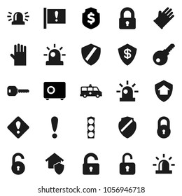 Flat vector icon set - rubber glove vector, dollar shield, safe, attention, traffic light, amkbulance car, lock, unlock, key, sign, siren, home protect, password