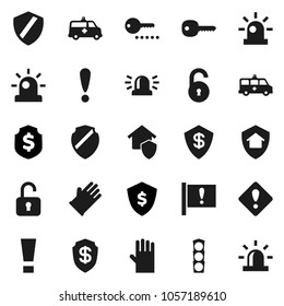 Flat vector icon set - rubber glove vector, dollar shield, attention, traffic light, amkbulance car, unlock, key, sign, siren, home protect, password
