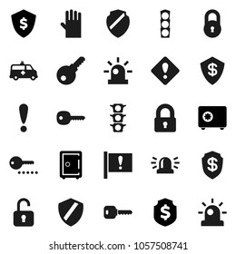 Flat vector icon set - rubber glove vector, dollar shield, safe, attention, traffic light, amkbulance car, lock, key, sign, siren, unlock, password