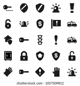 Flat vector icon set - rubber glove vector, safe, attention, traffic light, amkbulance car, shield, unlock, key, sign, siren, lock, home protect, dollar, password