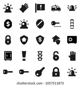 Flat vector icon set - rubber glove vector, dollar shield, safe, attention, traffic light, amkbulance car, lock, unlock, key, sign, siren, home protect, password