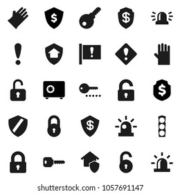 Flat vector icon set - rubber glove vector, dollar shield, safe, attention, traffic light, lock, unlock, key, sign, siren, home protect, password