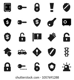 Flat vector icon set - rubber glove vector, dollar shield, safe, attention, traffic light, amkbulance car, lock, unlock, key, sign, home protect, password, siren