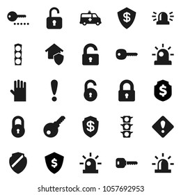 Flat vector icon set - rubber glove vector, dollar shield, attention, traffic light, amkbulance car, lock, unlock, key, sign, siren, home protect, password