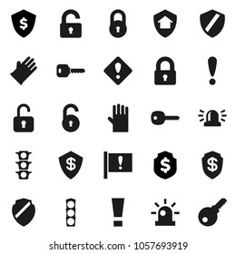 Flat vector icon set - rubber glove vector, dollar shield, attention, traffic light, lock, unlock, key, sign, siren, home protect, password