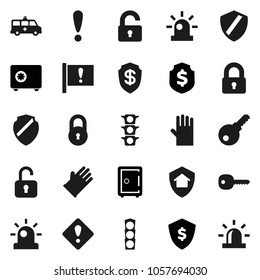 Flat vector icon set - rubber glove vector, dollar shield, safe, attention, traffic light, amkbulance car, lock, key, sign, siren, unlock, home protect, password