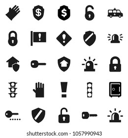 Flat vector icon set - rubber glove vector, dollar shield, safe, attention, traffic light, amkbulance car, lock, unlock, key, sign, siren, home protect, password