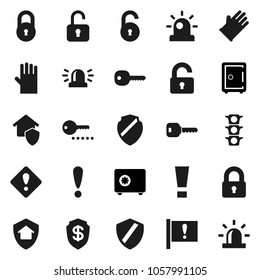 Flat vector icon set - rubber glove vector, safe, attention, traffic light, shield, lock, unlock, key, sign, siren, home protect, dollar, password