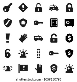 Flat vector icon set - rubber glove vector, dollar shield, safe, attention, traffic light, amkbulance car, unlock, key, sign, siren, lock, home protect, password