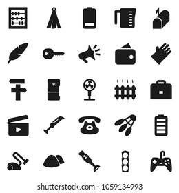 Flat vector icon set - rubber glove vector, garbage pile, measuring cup, towel, blender, pen, case, abacus, shuttlecock, traffic light, cinema clap, classic phone, battery, key, heating, mailbox
