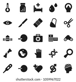 Flat vector icon set - rubber glove vector, school building, heart cross, first aid kit, thermometer, eye, gender sign, dna, magnifier, pregnancy, insemination, scissors, scalpel, broken bone, patch