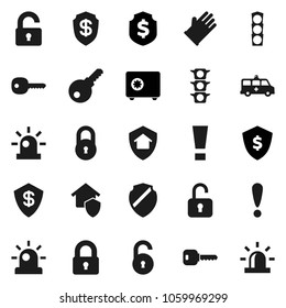 Flat vector icon set - rubber glove vector, dollar shield, safe, attention, traffic light, amkbulance car, lock, unlock, key, sign, siren, home protect, password