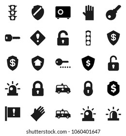 Flat vector icon set - rubber glove vector, dollar shield, safe, attention, traffic light, amkbulance car, lock, key, sign, siren, unlock, home protect, password