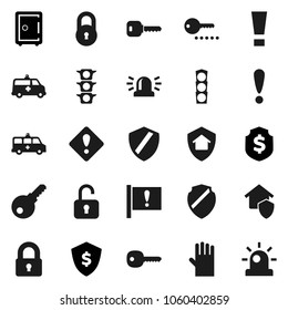 Flat vector icon set - rubber glove vector, dollar shield, safe, attention, traffic light, amkbulance car, lock, key, sign, siren, home protect, unlock, password
