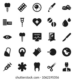 Flat vector icon set - rubber glove vector, school building, heart cross, ambulance star, eye, pregnancy, insemination, syringe, dropper, crutches, scissors, scalpel, pills, blister, blood drop