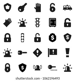 Flat vector icon set - rubber glove vector, dollar shield, safe, attention, traffic light, amkbulance car, lock, unlock, key, sign, siren, home protect, password