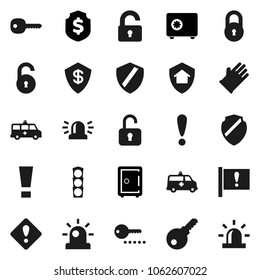 Flat vector icon set - rubber glove vector, dollar shield, safe, attention, traffic light, amkbulance car, lock, unlock, key, sign, siren, home protect, password