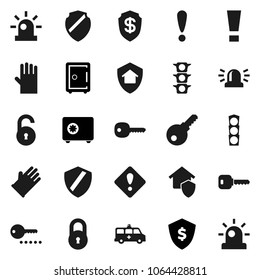 Flat vector icon set - rubber glove vector, dollar shield, safe, attention, traffic light, ambulance car, lock, unlock, key, sign, siren, home protect, password