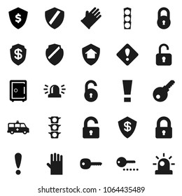 Flat vector icon set - rubber glove vector, dollar shield, safe, attention, traffic light, ambulance car, lock, unlock, key, sign, siren, home protect, password