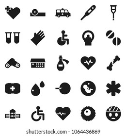 Flat vector icon set - rubber glove vector, school building, heart pulse, first aid kit, ambulance star, disabled, cross, thermometer, vial, pregnancy, insemination, crutches, broken bone, pills