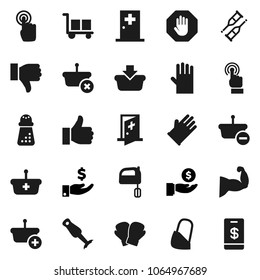 Flat vector icon set - rubber glove vector, hand mill, mixer, blender, investment, muscule, boxing, cargo, touchscreen, finger up, down, crutches, bandage, medical room, stop, basket, tap pay