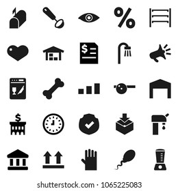 Flat vector icon set - rubber glove vector, ladle, bank, annual report, building, clock, bone, top sign, package, sorting, protected, shelving, heart, eye, doctor hat, sperm, water supply, barn