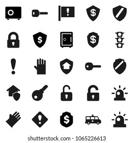 Flat vector icon set - rubber glove vector, dollar shield, safe, attention, traffic light, amkbulance car, key, sign, siren, lock, unlock, home protect, password