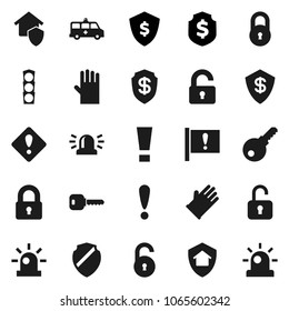 Flat vector icon set - rubber glove vector, dollar shield, attention, traffic light, amkbulance car, lock, unlock, key, sign, siren, home protect, password