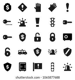 Flat vector icon set - rubber glove vector, dollar shield, safe, attention, traffic light, amkbulance car, lock, unlock, key, sign, siren, password