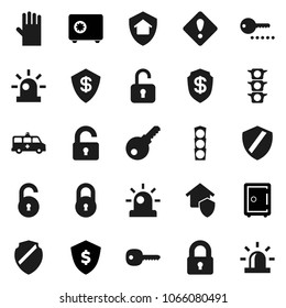 Flat vector icon set - rubber glove vector, dollar shield, safe, traffic light, amkbulance car, lock, unlock, key, attention sign, siren, home protect, password