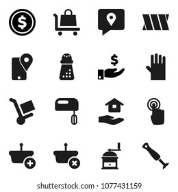 Flat vector icon set - rubber glove vector, house hold, hand mill, dollar coin, investment, traking, touchscreen, bandage, basket, trolley, mixer, blender