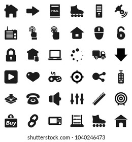 Flat vector icon set - ruler vector, notebook pc, abacus, target, arrow down, roller Skates, satellitie, speaker, gamepad, settings, remote control, touchscreen, social media, heart, play button